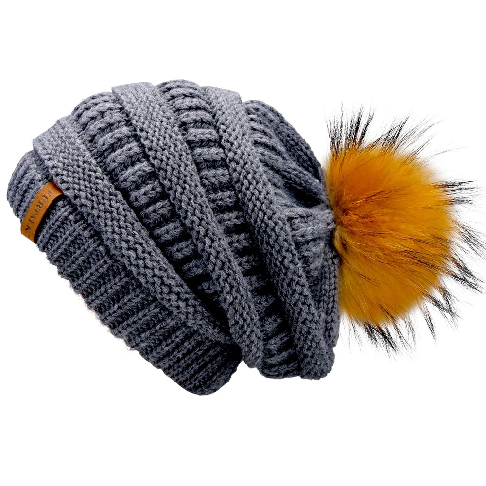 NWOT! Furtalk Winter Women Slouchy Faux Fur PomPom Hats Drop beanie gray